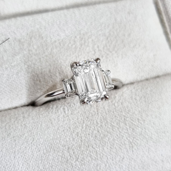 2.29 CT Emerald Three Stone E/VS1 Lab Grown Diamond Engagement Ring