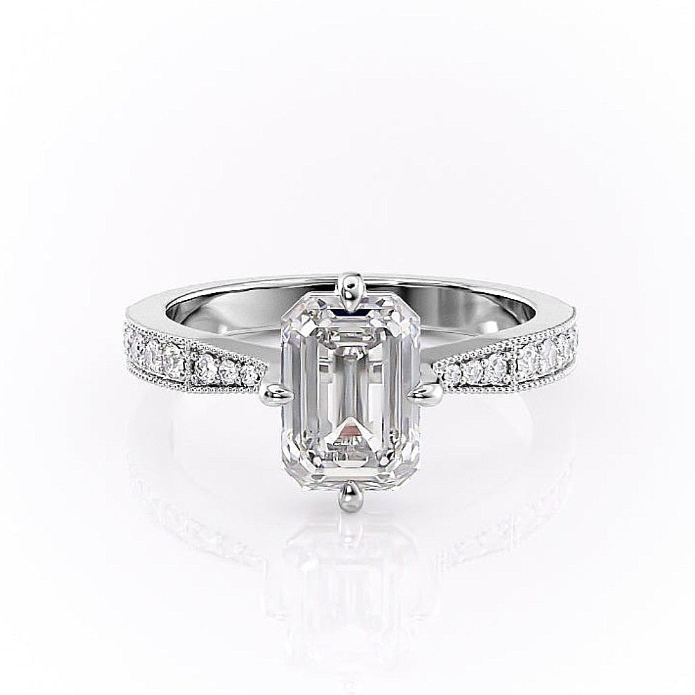2.10 CT Emerald Cut Solitaire Pave Setting Moissanite Engagement Ring