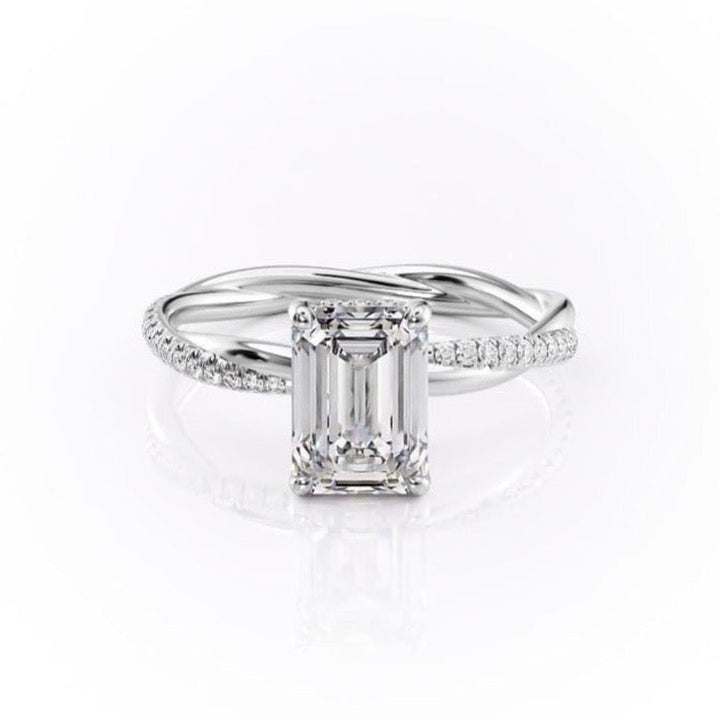 2.10 CT Emerald Cut Solitaire Twisted Pave Moissanite Engagement Ring