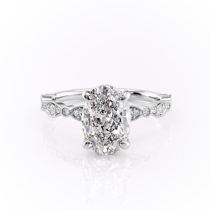 2.10 CT Oval Solitaire & Milgrain Pave Moissanite Engagement Ring