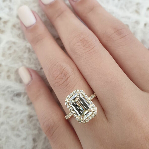 3.18 CT Emerald Cut Halo Style Moissanite Engagement Ring