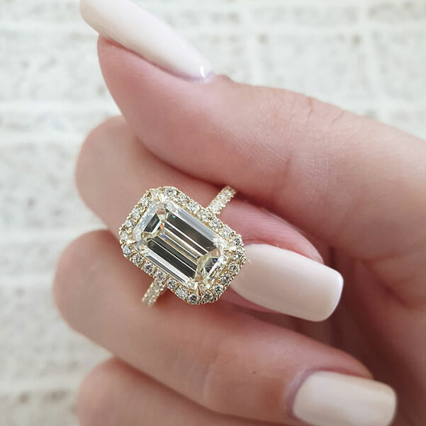 3.18 CT Emerald Cut Halo Style Moissanite Engagement Ring