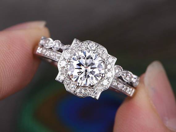 Close-up view of a 0.75 CT Round Moissanite Bridal Ring Set