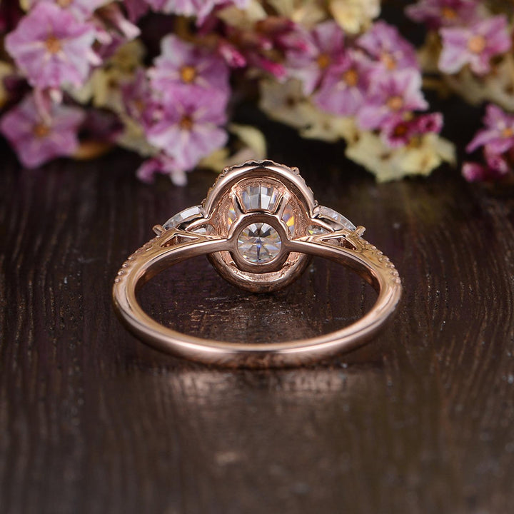 0.75 CT Oval Halo Three Stone Moissanite Engagement Ring