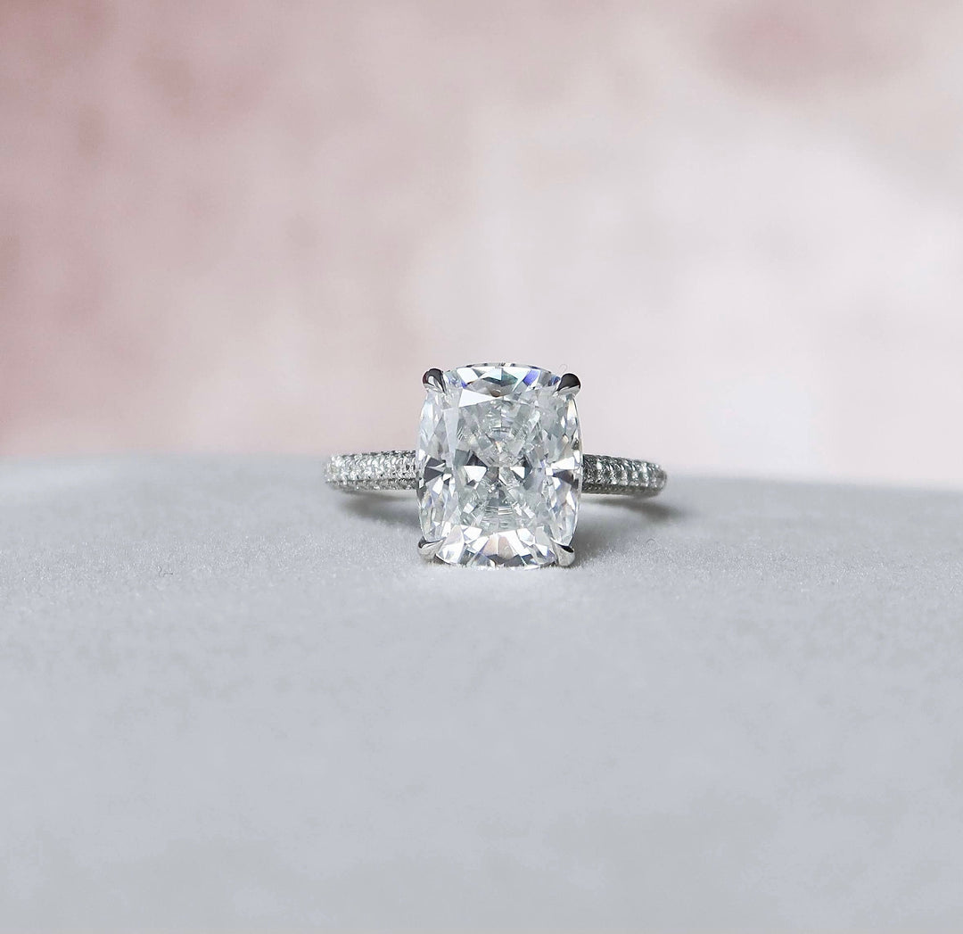 6.0 CT Cushion Solitaire & Pave Setting Moissanite Engagement Ring