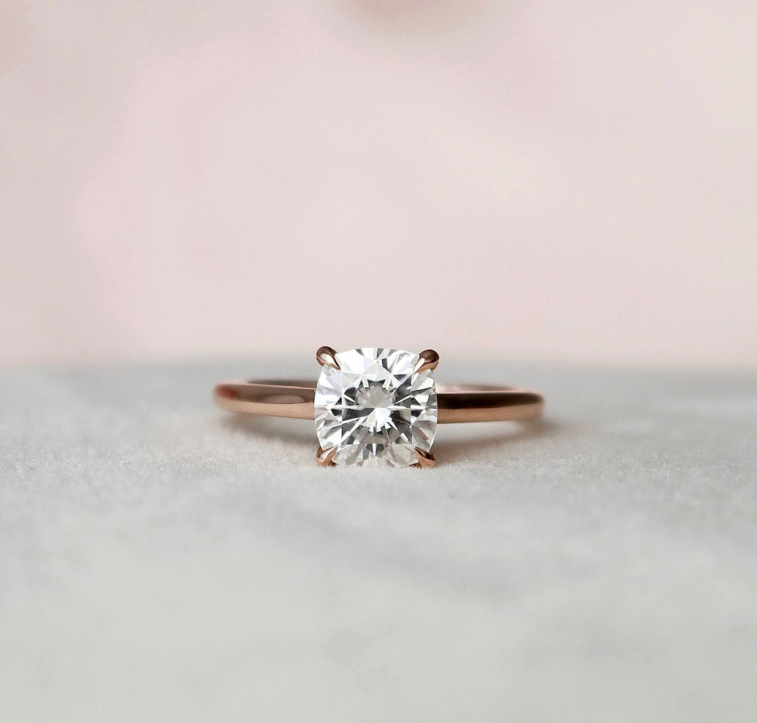 2.0 CT Cushion Hidden Halo & Solitaire Moissanite Engagement Ring
