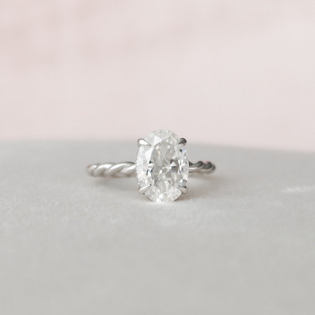 2.0 CT Oval Twisted Band & Hidden Halo Moissanite Engagement Ring