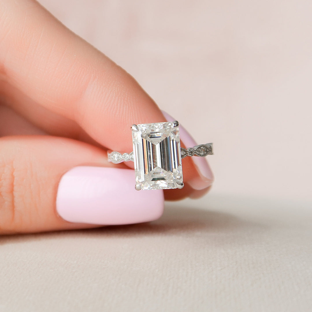 5.0 CT Emerald Milgrain Vintage Style Moissanite Engagement Ring