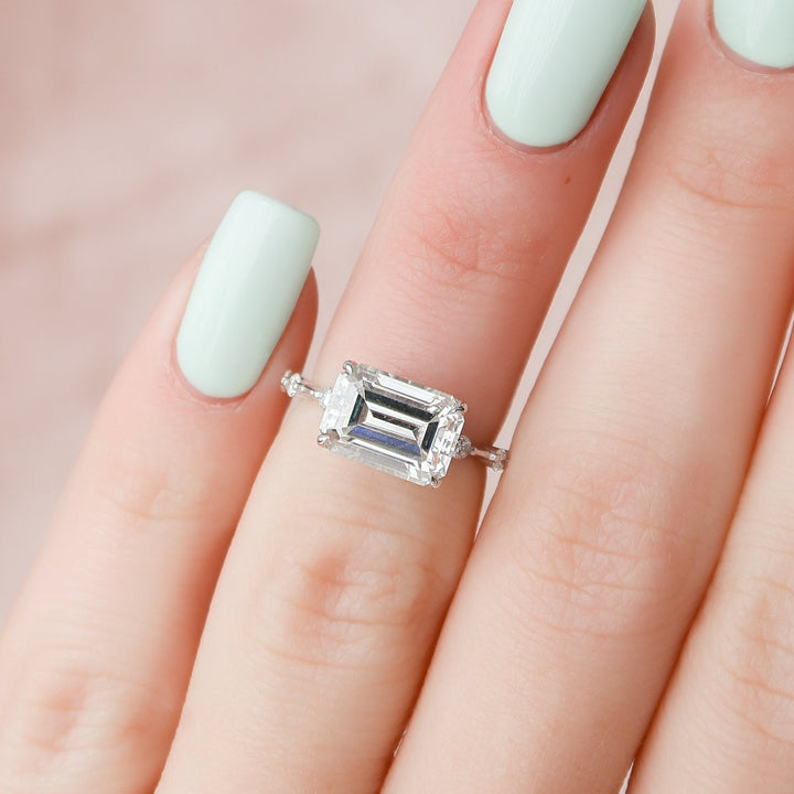 3.0 CT Emerald Cut Solitaire & Dainty Pave Moissanite Engagement Ring