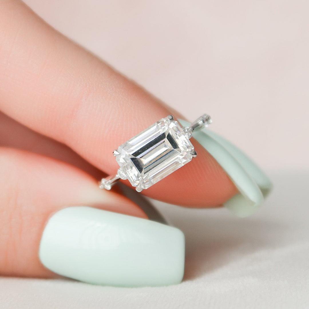 3.0 CT Emerald Cut Solitaire & Dainty Pave Moissanite Engagement Ring