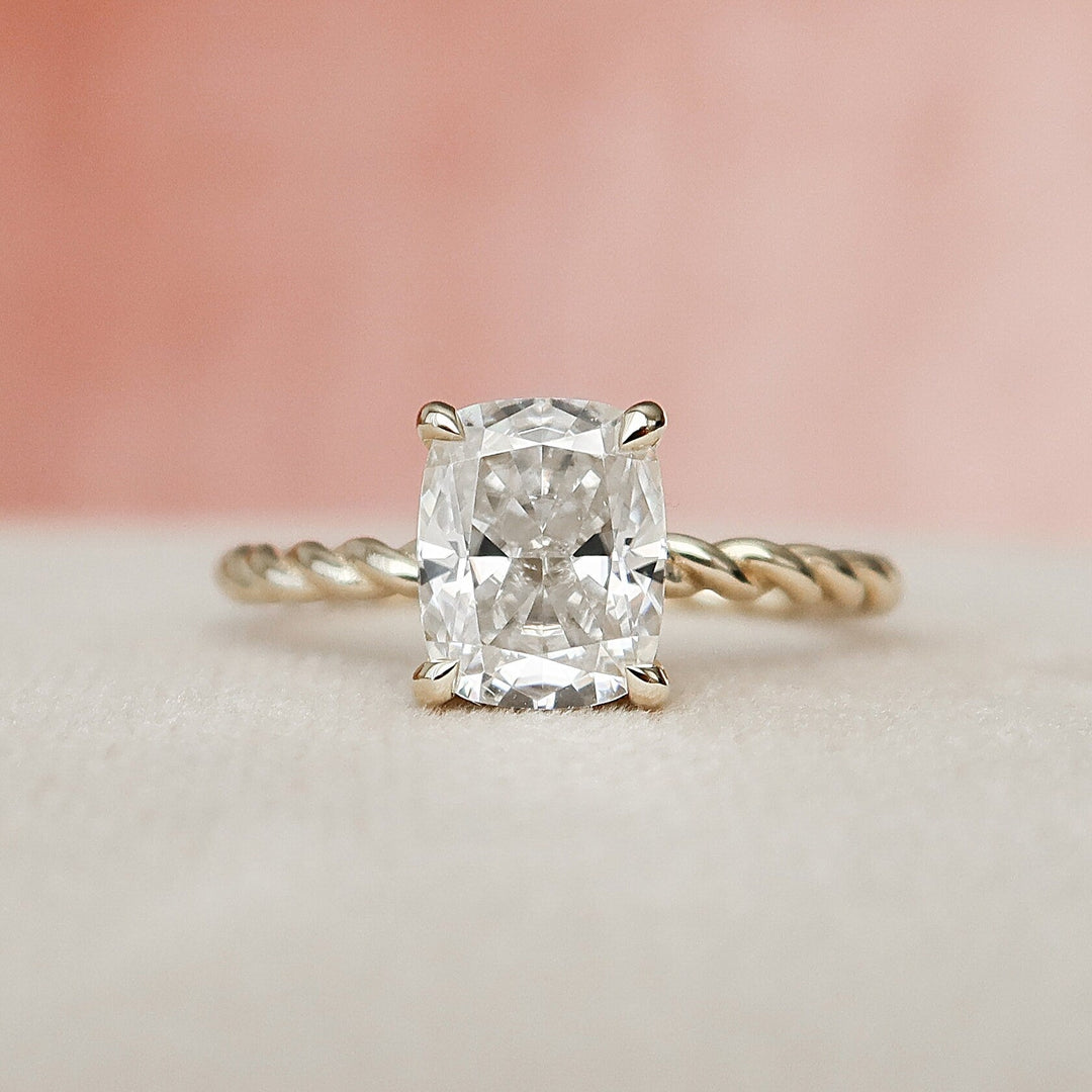 2.0 CT Cushion Twisted Band & Hidden Halo Moissanite Engagement Ring