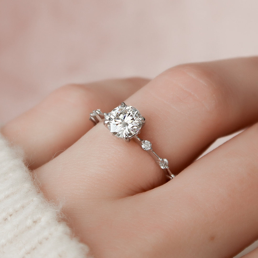 1.0 CT Round Solitaire & Dainty Pave Moissanite Engagement Ring