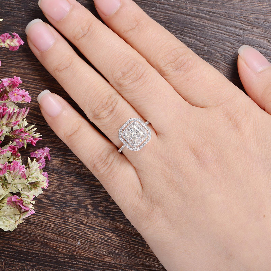 0.91 CT Radiant Cut Double Halo Moissanite Engagement Ring