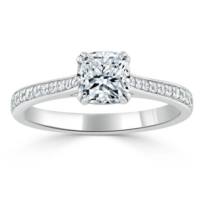1.0 CT Cushion Cut Solitaire Channel Pave Moissanite Engagement Ring